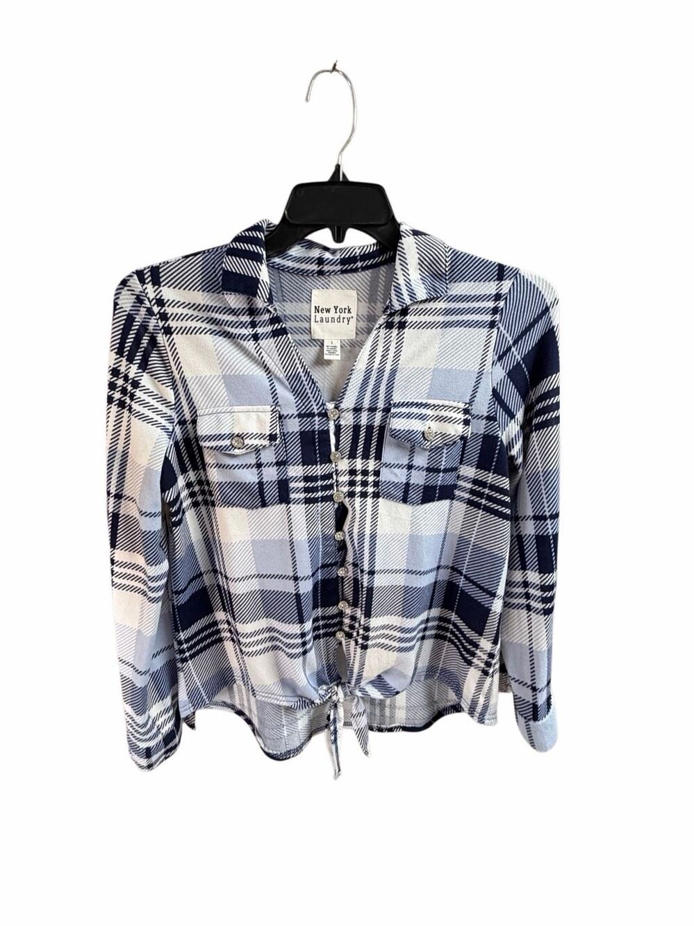New York Laundry Small Blue White Plaid Rhinestone Button Tie Front Blouse